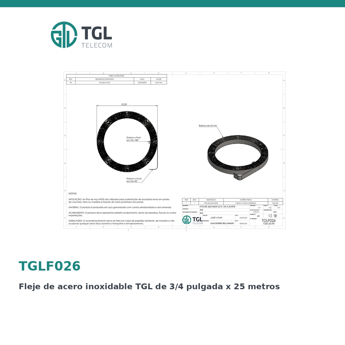 Fleje de acero inoxidable TGL de 3/4 pulgada x 25 metros